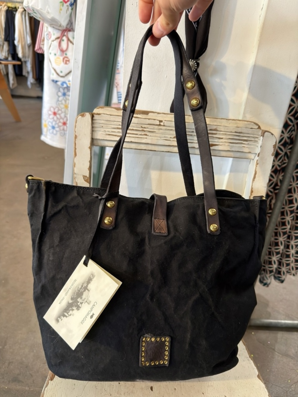 Campomaggi Canvas Leather Shopping Bag in Black - Picture 2 of 3